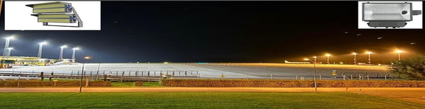 Sports stadium lit up at night