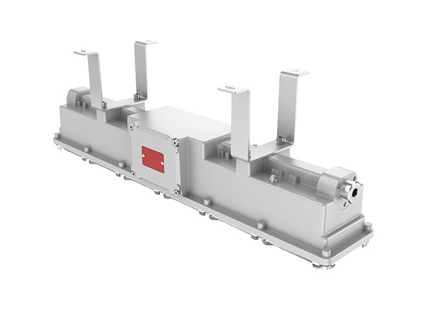 Silver-colored LED light fixture with a rectangular shape, designed for marine and industrial use, featuring a small red switch on the side.