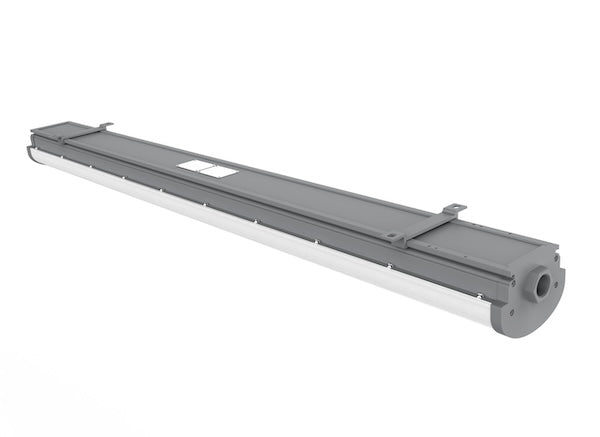 An Atex Tri-Batten light fixture, grey in colour, designed for explosion-proof lighting in hazardous environments.
