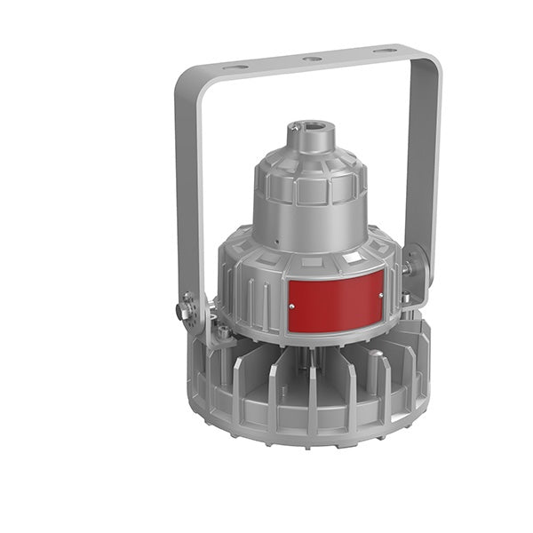 An LED high bay light with a grey body.